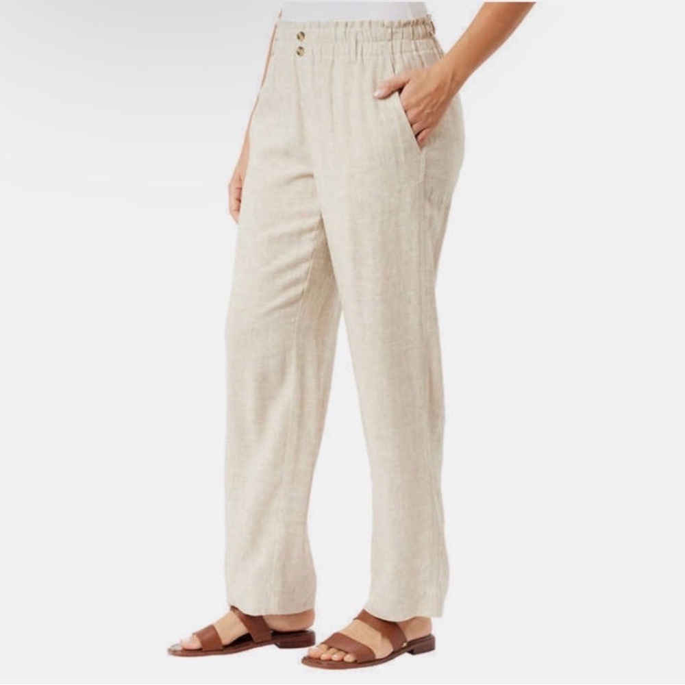 Briggs Linen Blend Pull-On Pants Beige Elastic Waist Button Detail Size L